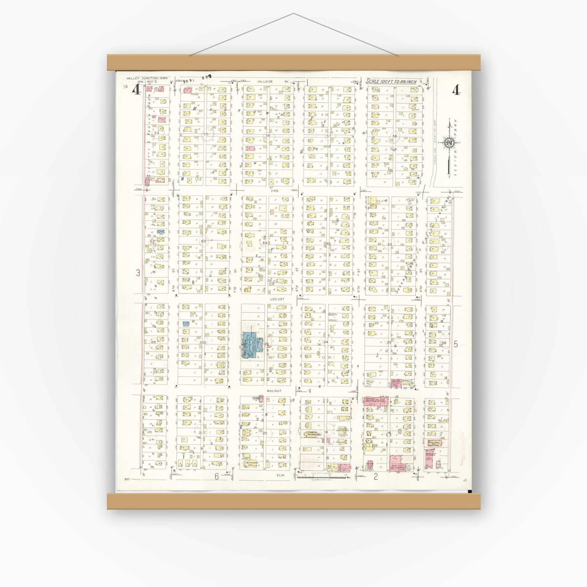 Old map wall art mockup — magnetic wood frame on white wall — Sanborn Fire Insurance Map from Valley Junction, Polk County, Iowa (1941), Sheet #0004
