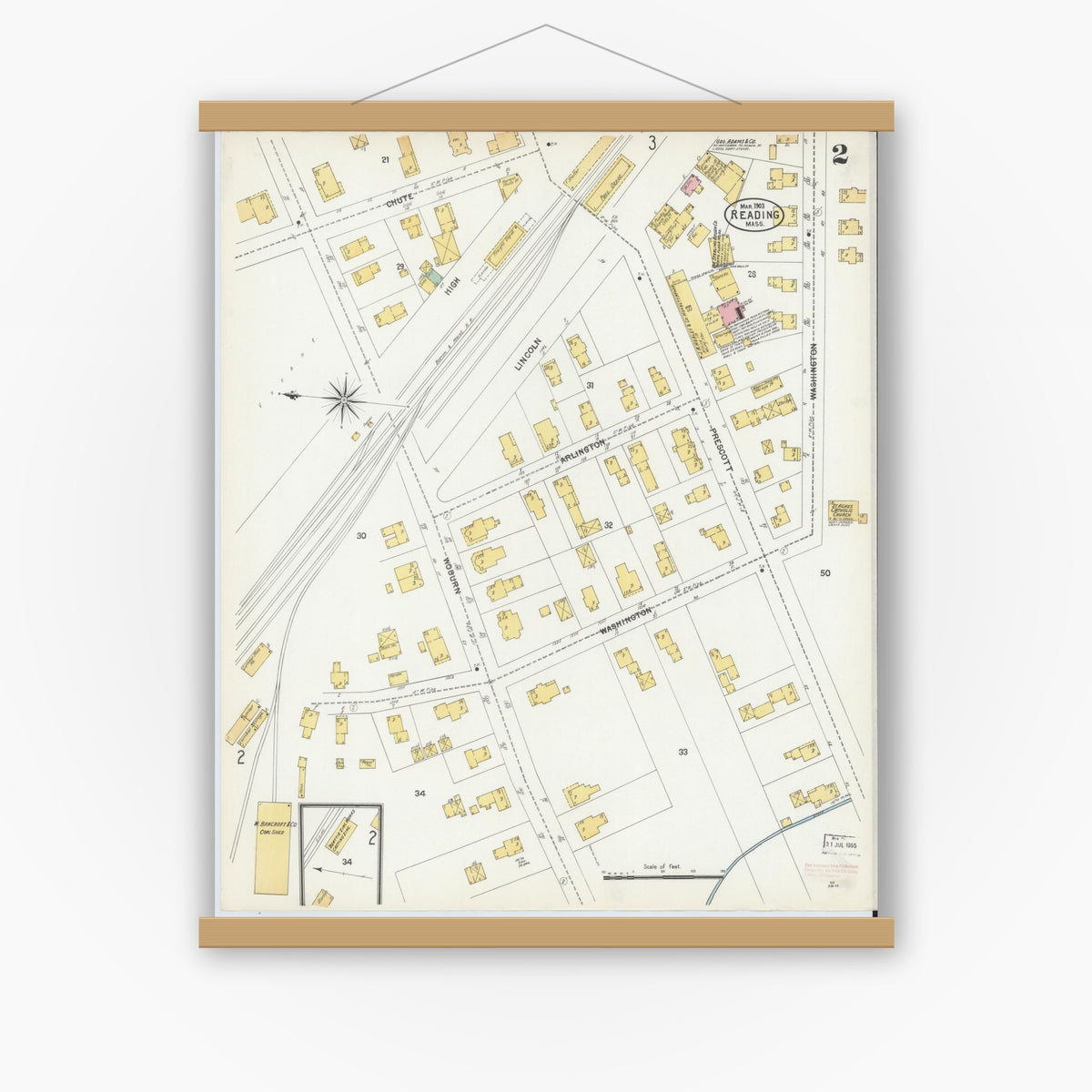 Old map wall art mockup — magnetic wood frame on white wall — Sanborn Fire Insurance Map from Reading, Middlesex County, Massachusetts (1903), Sheet #0002