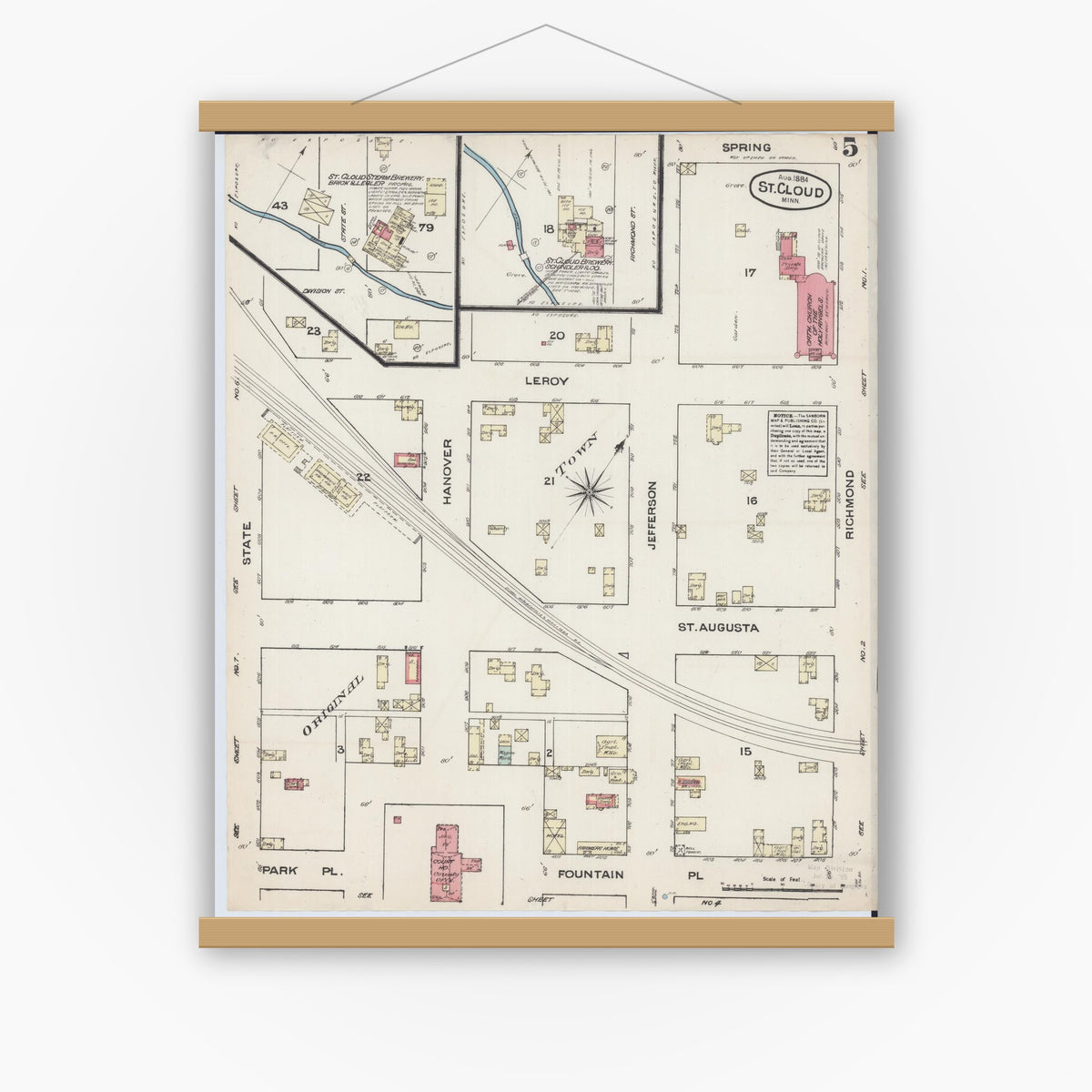 Old map wall art mockup — magnetic wood frame on white wall — Sanborn Fire Insurance Map from Saint Cloud, Stearns, Benton, and Sherburne Counties, Minnesota (1884), Sheet #0005