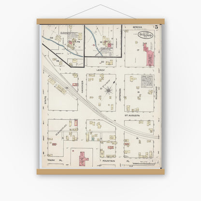 Old map wall art mockup — magnetic wood frame on white wall — Sanborn Fire Insurance Map from Saint Cloud, Stearns, Benton, and Sherburne Counties, Minnesota (1884), Sheet #0005