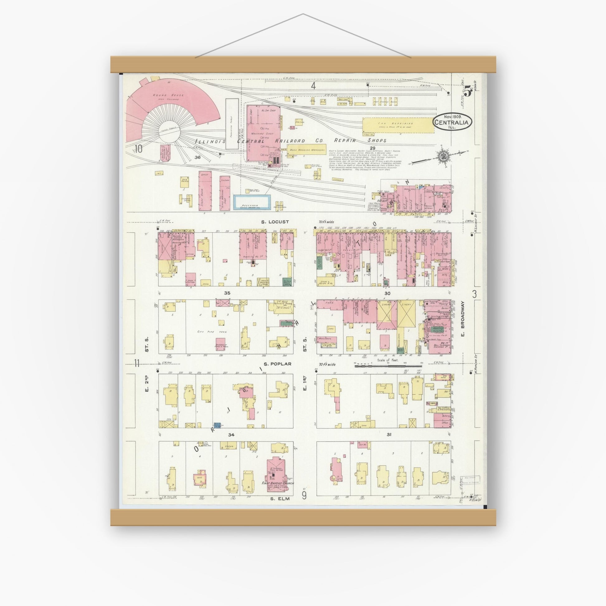 Old map wall art mockup — magnetic wood frame on white wall — Sanborn Fire Insurance Map from Centralia, Marion, Clinton, Jefferson, and Washington Counties, Illinois (1909), Sheet #0005