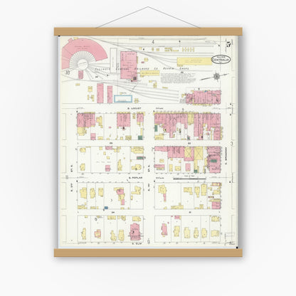 Old map wall art mockup — magnetic wood frame on white wall — Sanborn Fire Insurance Map from Centralia, Marion, Clinton, Jefferson, and Washington Counties, Illinois (1909), Sheet #0005