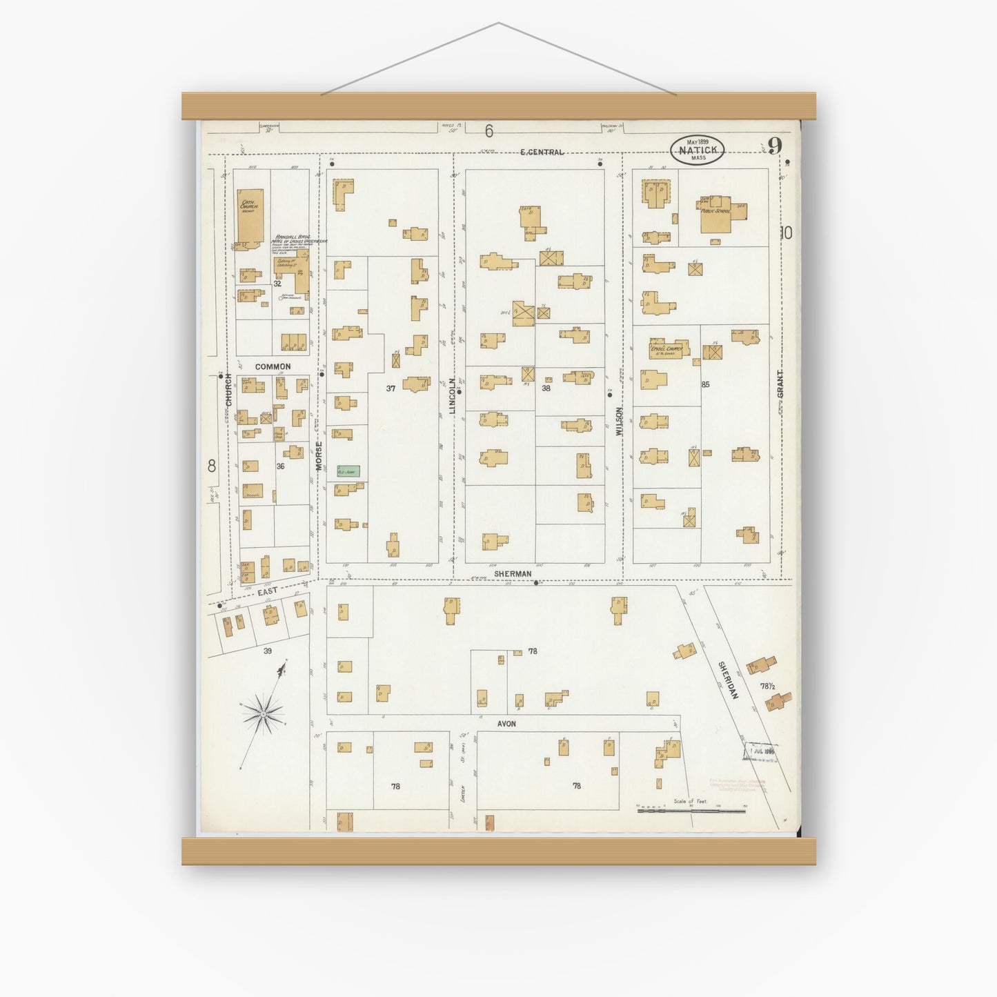 Old map wall art mockup — magnetic wood frame on white wall — Sanborn Fire Insurance Map from Natick, Middlesex County, Massachusetts (1899), Sheet #0009