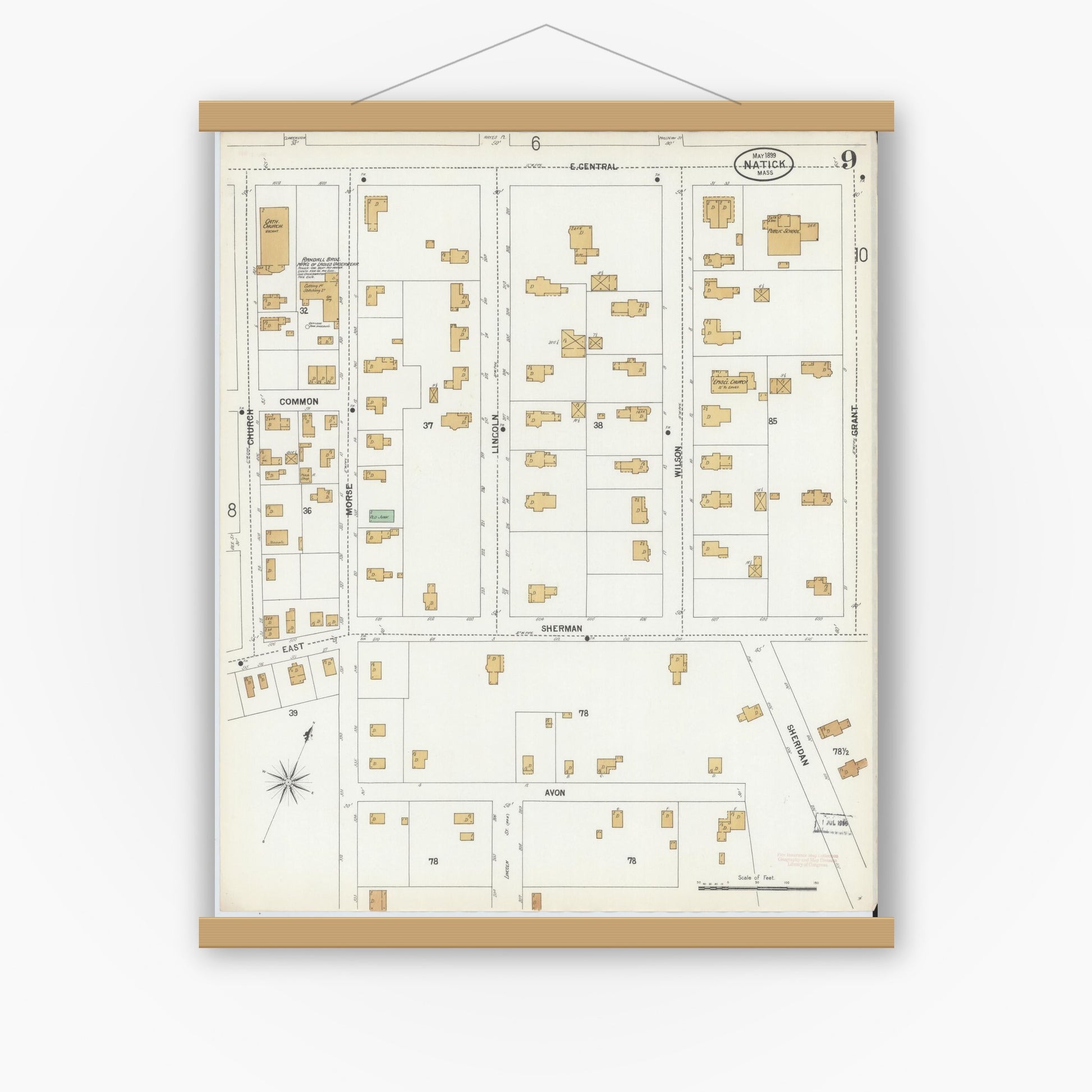 Old map wall art mockup — magnetic wood frame on white wall — Sanborn Fire Insurance Map from Natick, Middlesex County, Massachusetts (1899), Sheet #0009