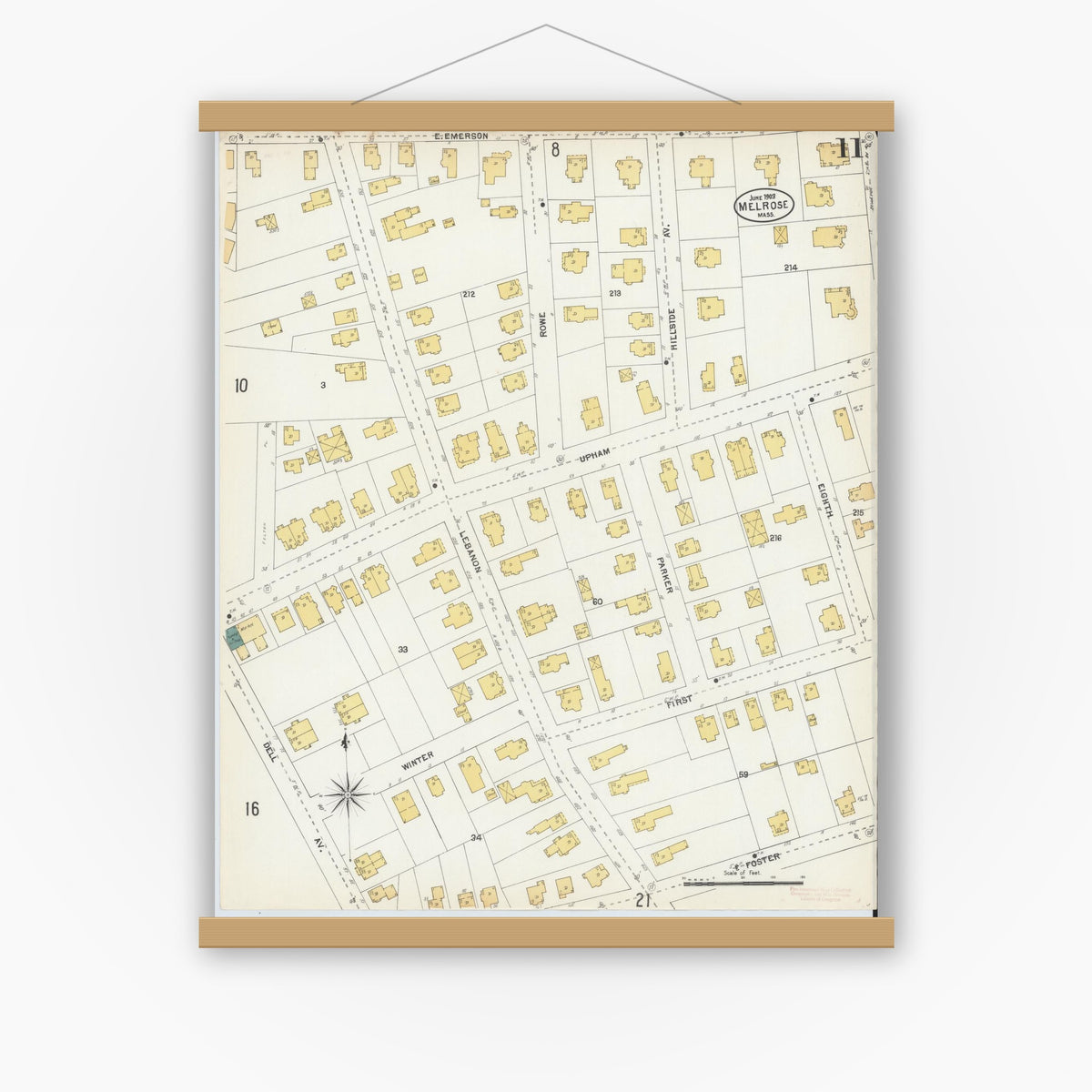 Old map wall art mockup — magnetic wood frame on white wall — Sanborn Fire Insurance Map from Melrose, Middlesex County, Massachusetts (1903), Sheet #0011