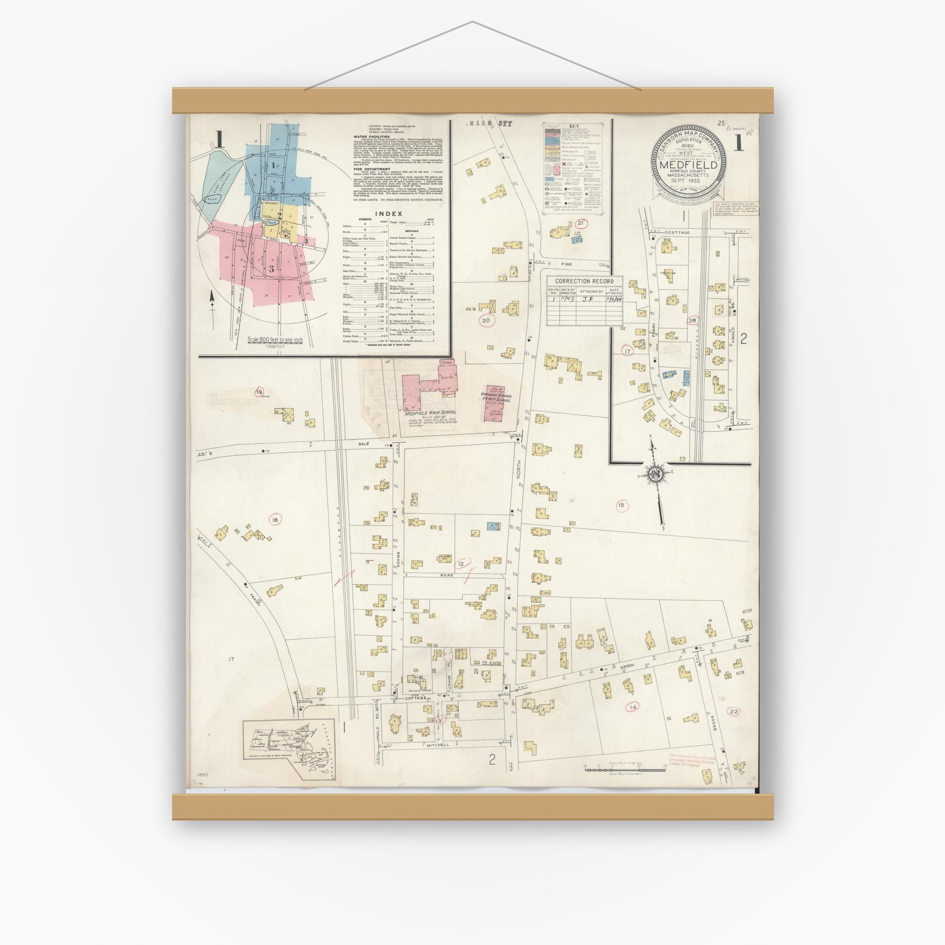 Old map wall art mockup — magnetic wood frame on white wall — Sanborn Fire Insurance Map from Medfield, Norfolk County, Massachusetts (1943), Sheet #0001