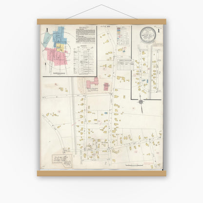 Old map wall art mockup — magnetic wood frame on white wall — Sanborn Fire Insurance Map from Medfield, Norfolk County, Massachusetts (1943), Sheet #0001