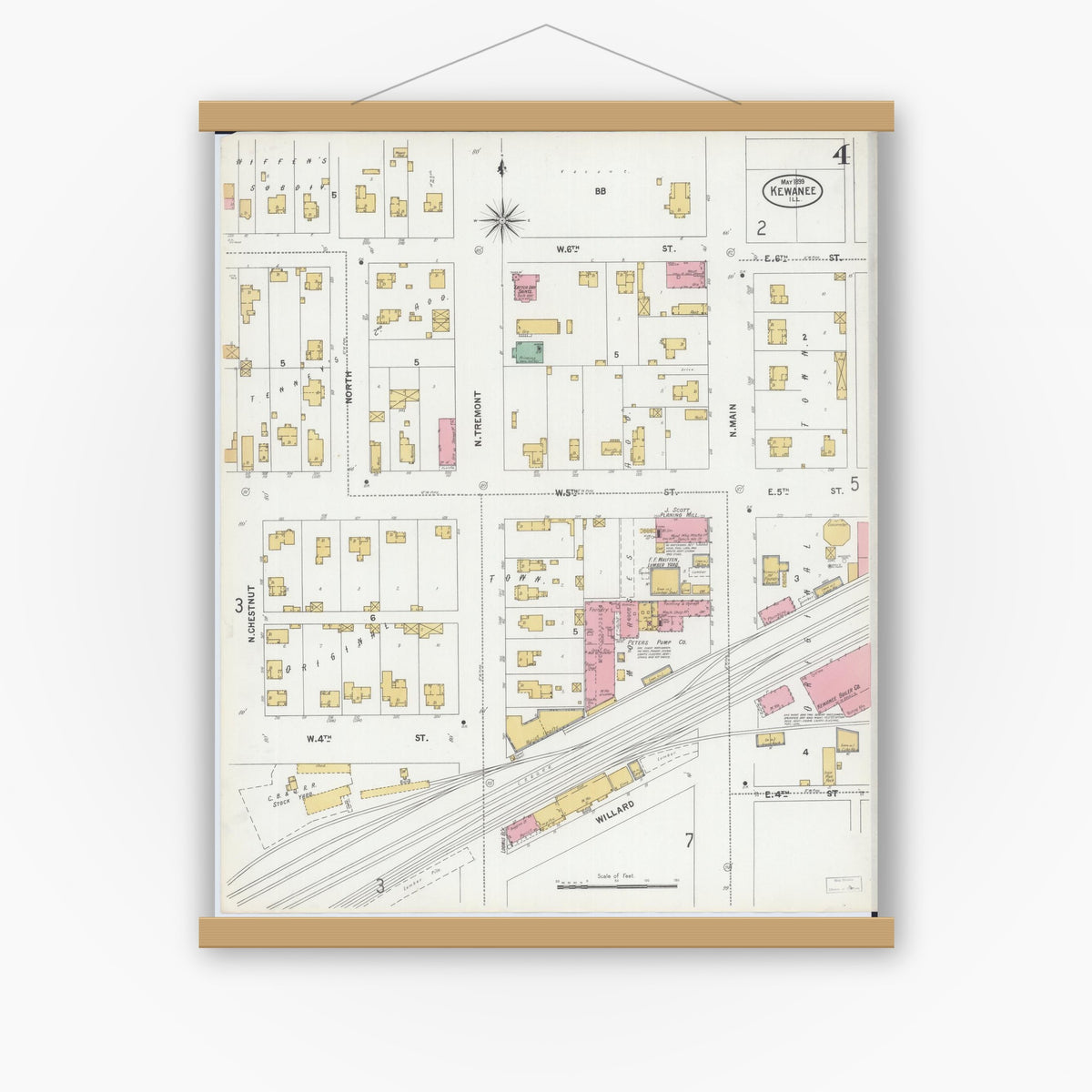 Old map wall art mockup — magnetic wood frame on white wall — Sanborn Fire Insurance Map from Kewanee, Henry County, Illinois (1899), Sheet #0004