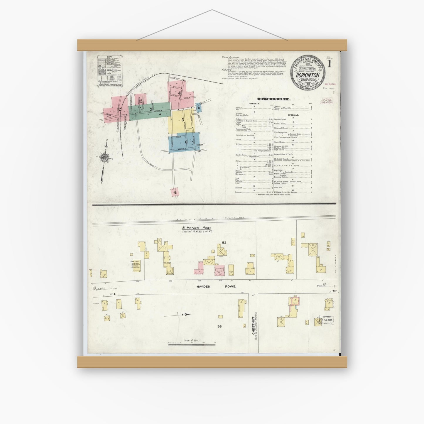 Old map wall art mockup — magnetic wood frame on white wall — Sanborn Fire Insurance Map from Hopkinton, Middlesex County, Massachusetts (1910), Sheet #0001