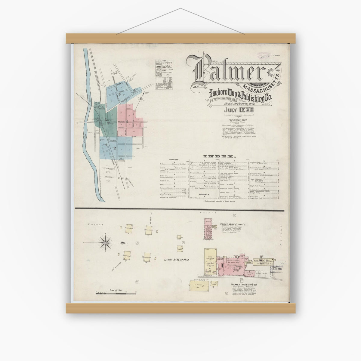 Old map wall art mockup — magnetic wood frame on white wall — Sanborn Fire Insurance Map from Palmer, Hampden County, Massachusetts (1886), Sheet #0001