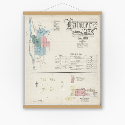 Old map wall art mockup — magnetic wood frame on white wall — Sanborn Fire Insurance Map from Palmer, Hampden County, Massachusetts (1886), Sheet #0001