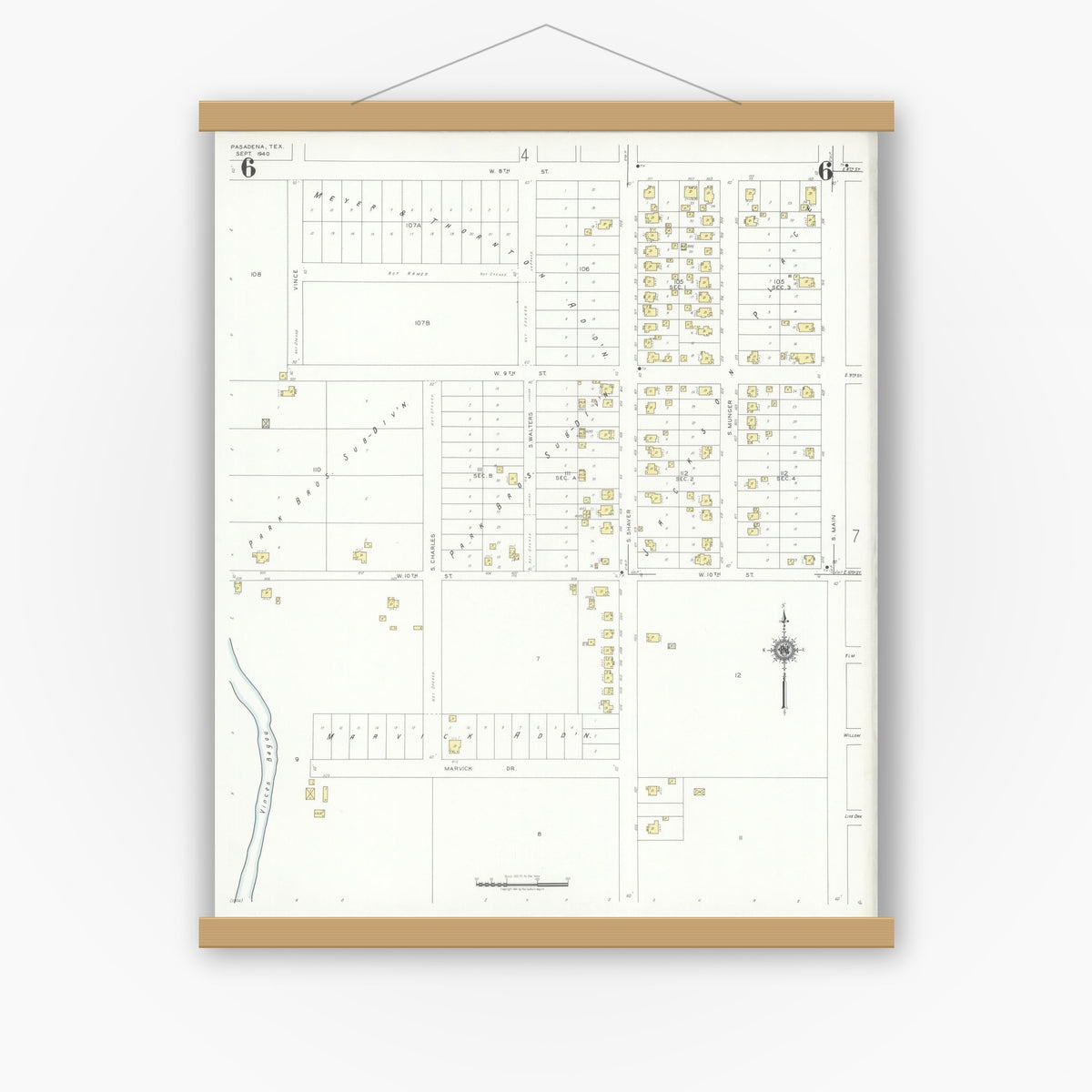 Old map wall art mockup — magnetic wood frame on white wall — Sanborn Fire Insurance Map from Pasadena, Harris County, Texas (1940), Sheet #0006