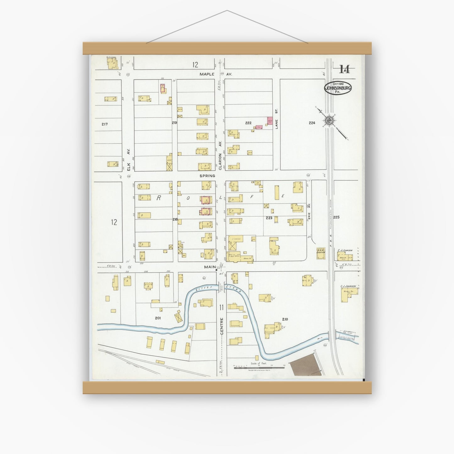 Old map wall art mockup — magnetic wood frame on white wall — Sanborn Fire Insurance Map from Johnsonburg, Elk County, Pennsylvania (1919), Sheet #0014