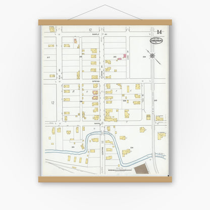 Old map wall art mockup — magnetic wood frame on white wall — Sanborn Fire Insurance Map from Johnsonburg, Elk County, Pennsylvania (1919), Sheet #0014