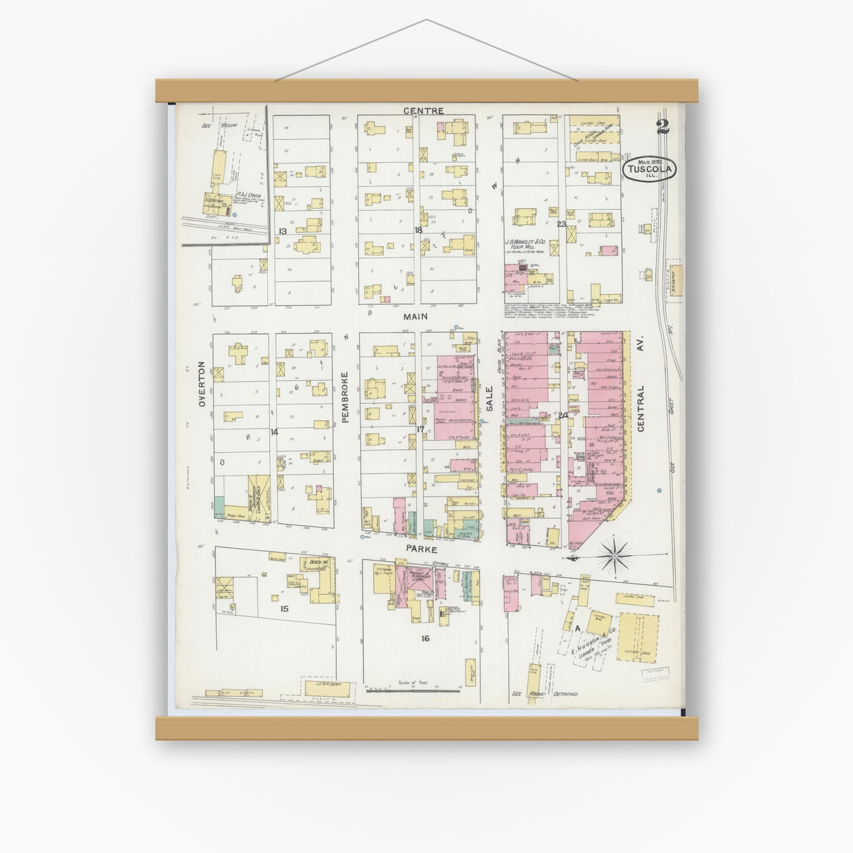 Old map wall art mockup — magnetic wood frame on white wall — Sanborn Fire Insurance Map from Tuscola, Douglas County, Illinois (1892), Sheet #0002