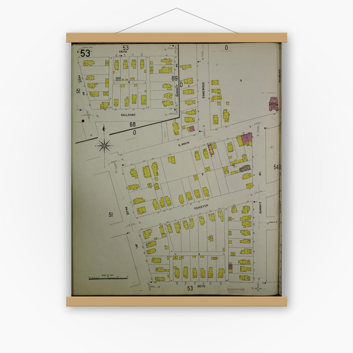 Old map wall art mockup — magnetic wood frame on white wall — Sanborn Fire Insurance Map from Jackson, Jackson County, Michigan (1907), Sheet #0053