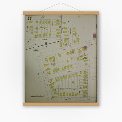 Old map wall art mockup — magnetic wood frame on white wall — Sanborn Fire Insurance Map from Jackson, Jackson County, Michigan (1907), Sheet #0053