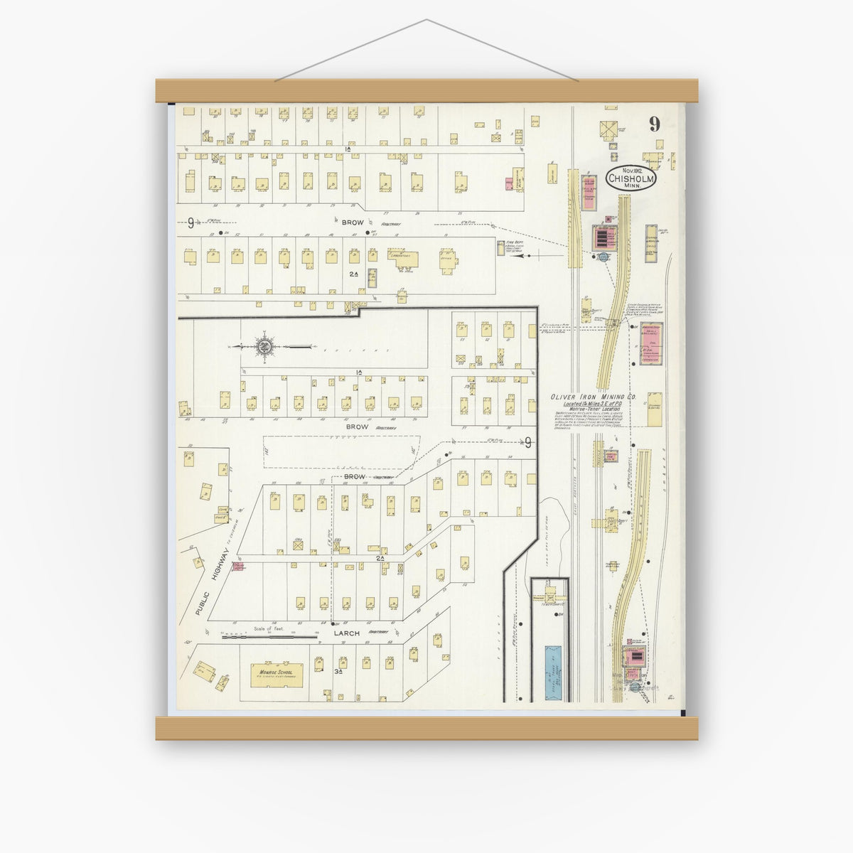 Old map wall art mockup — magnetic wood frame on white wall — Sanborn Fire Insurance Map from Chisholm, Saint Louis County, Minnesota (1912), Sheet #0009