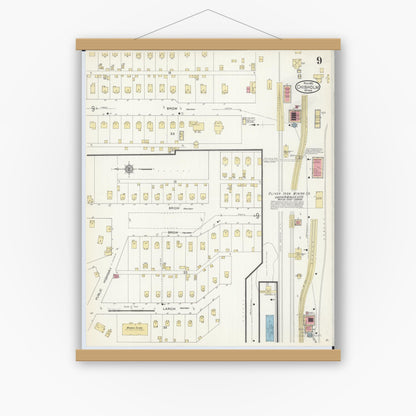 Old map wall art mockup — magnetic wood frame on white wall — Sanborn Fire Insurance Map from Chisholm, Saint Louis County, Minnesota (1912), Sheet #0009