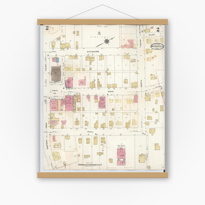Old map wall art mockup — magnetic wood frame on white wall — Sanborn Fire Insurance Map from Woodsfield, Monroe County, Ohio (1949), Sheet #0002