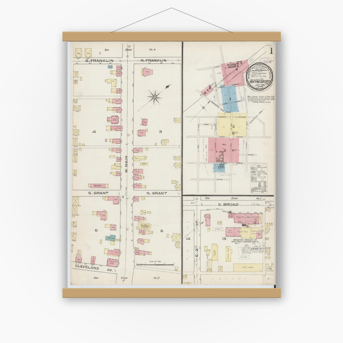 Old map wall art mockup — magnetic wood frame on white wall — Sanborn Fire Insurance Map from Waynesboro, Franklin County, Pennsylvania (1886) - Complete Map Set