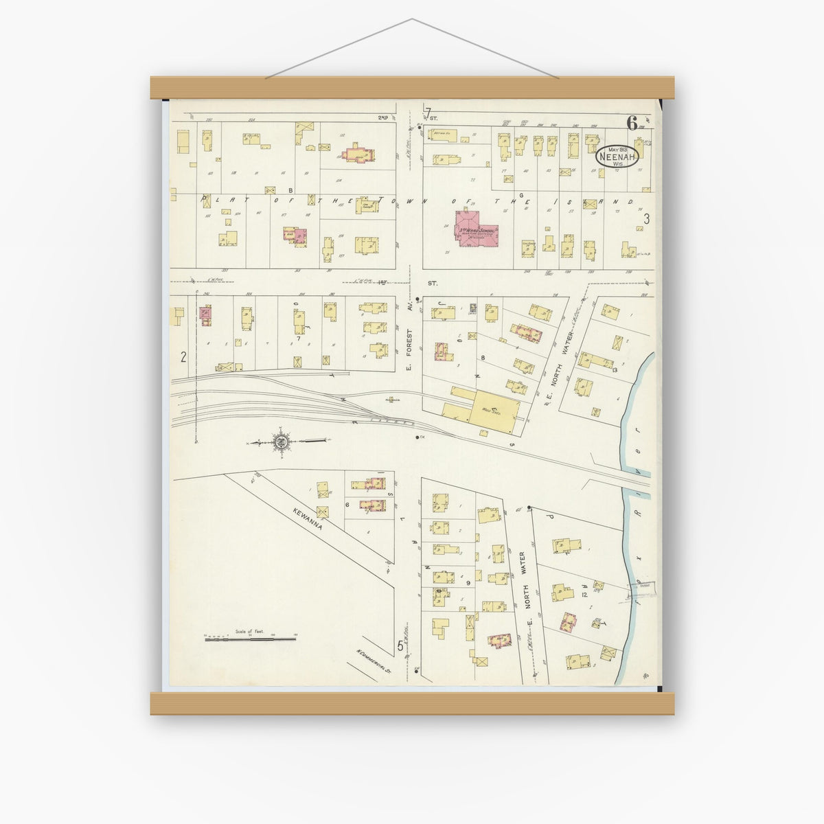 Old map wall art mockup — magnetic wood frame on white wall — Sanborn Fire Insurance Map from Neenah, Winnebago County, Wisconsin (1913), Sheet #0006
