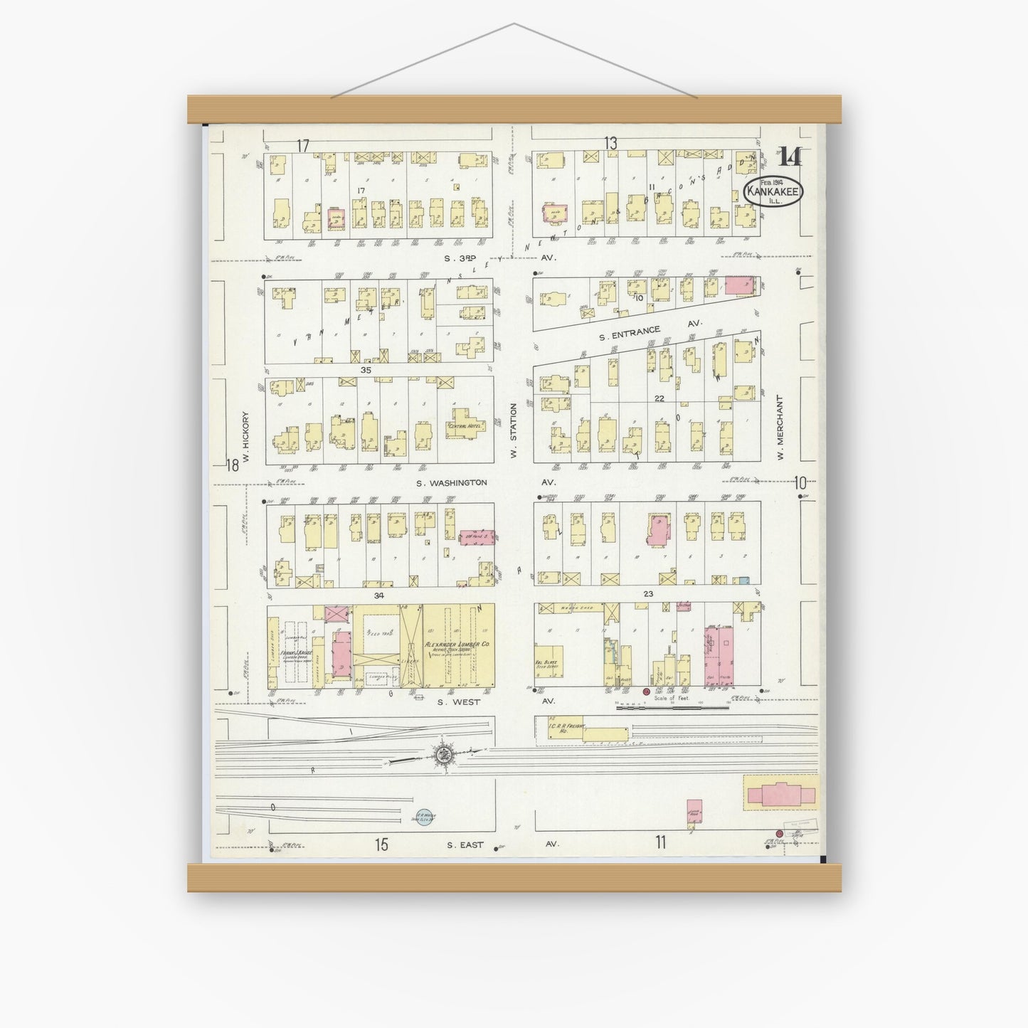 Old map wall art mockup — magnetic wood frame on white wall — Sanborn Fire Insurance Map from Kankakee, Kankakee County, Illinois (1914), Sheet #0014