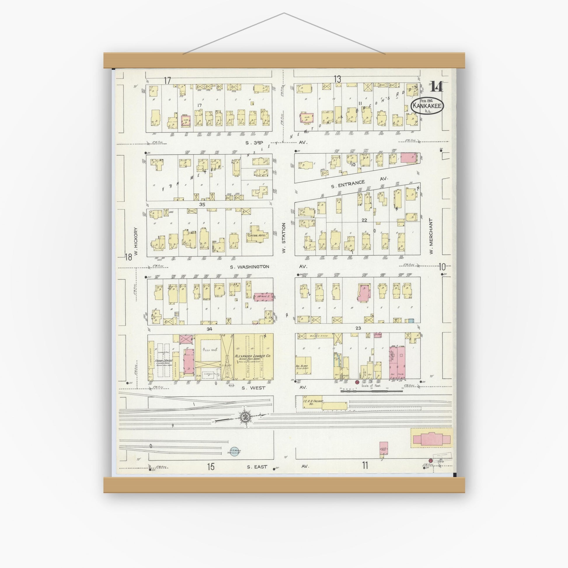 Old map wall art mockup — magnetic wood frame on white wall — Sanborn Fire Insurance Map from Kankakee, Kankakee County, Illinois (1914), Sheet #0014