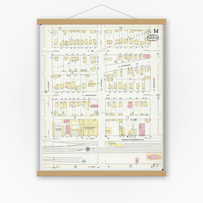 Old map wall art mockup — magnetic wood frame on white wall — Sanborn Fire Insurance Map from Kankakee, Kankakee County, Illinois (1914), Sheet #0014