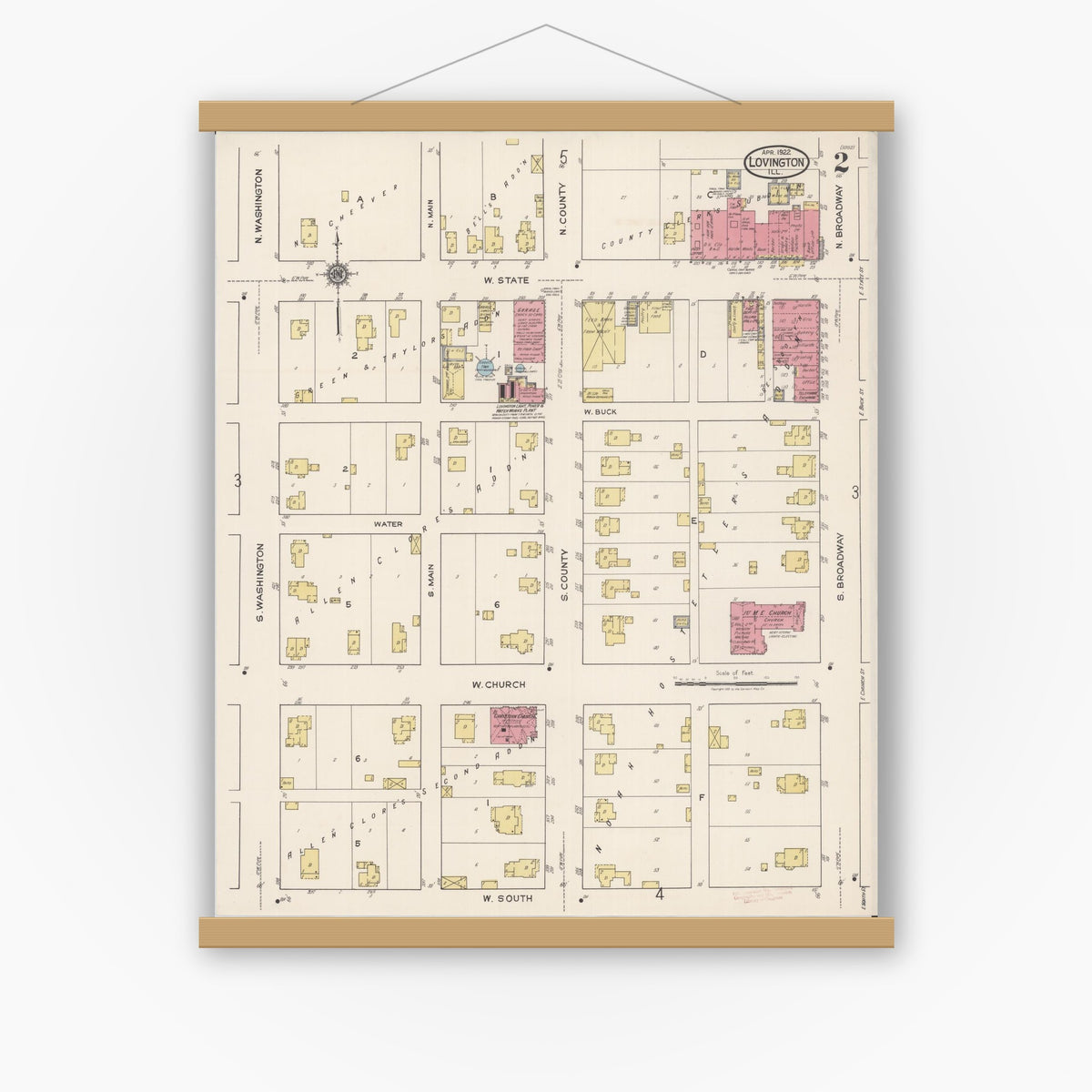 Old map wall art mockup — magnetic wood frame on white wall — Sanborn Fire Insurance Map from Lovington, Moultrie County, Illinois (1922), Sheet #0002