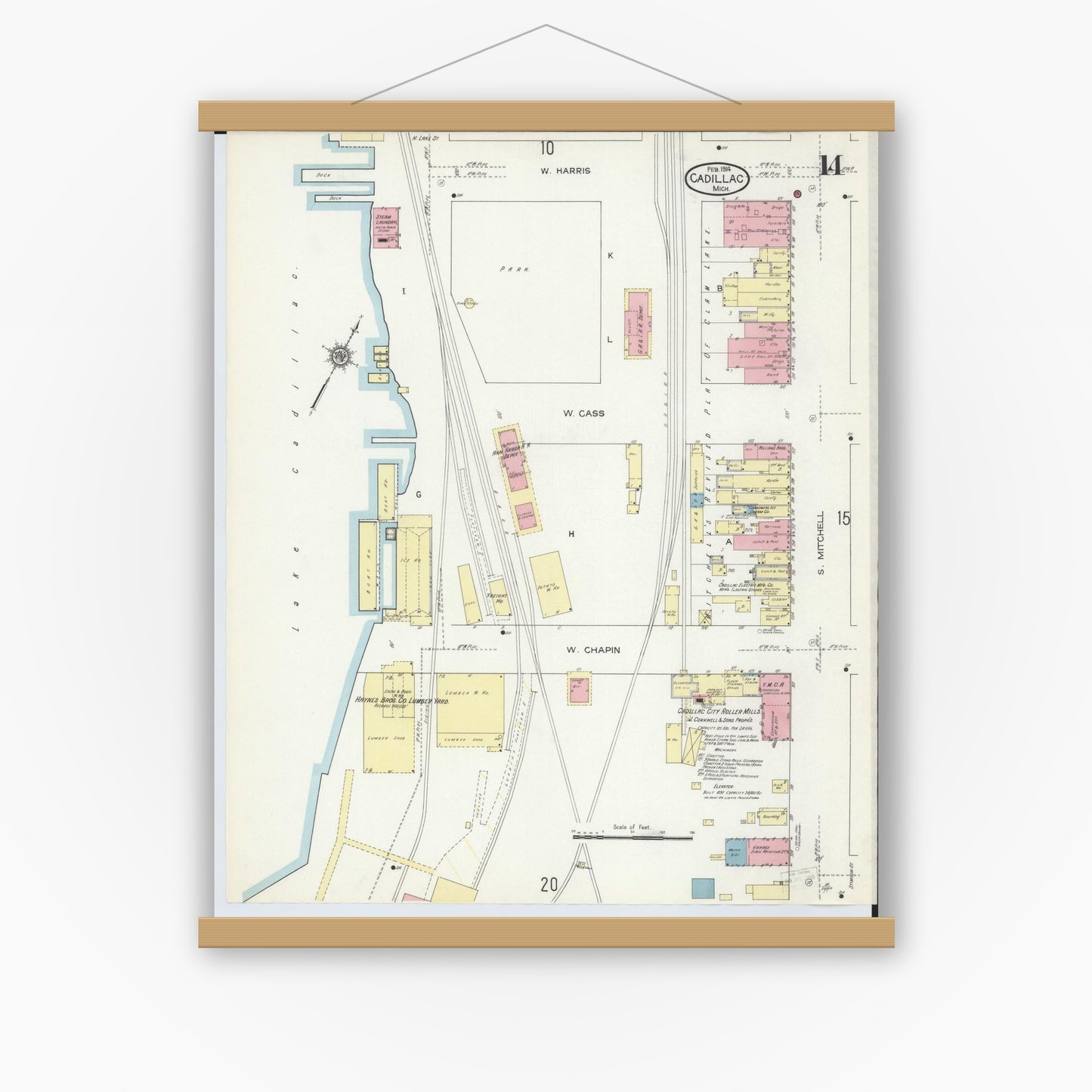 Old map wall art mockup — magnetic wood frame on white wall — Sanborn Fire Insurance Map from Cadillac, Wexford County, Michigan (1914), Sheet #0014