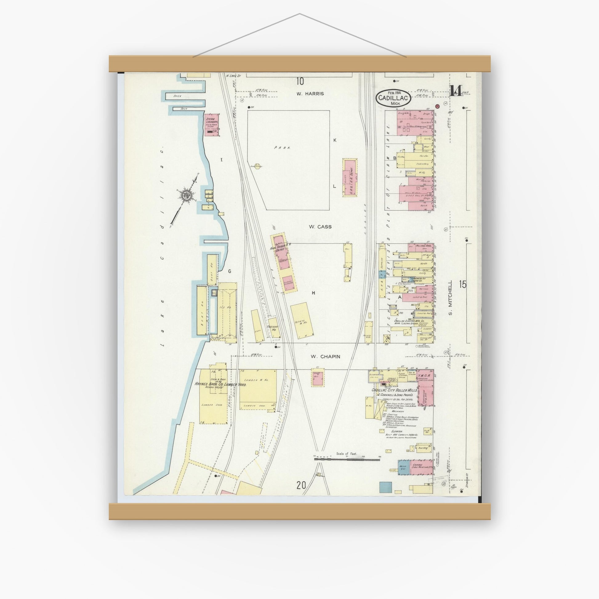 Old map wall art mockup — magnetic wood frame on white wall — Sanborn Fire Insurance Map from Cadillac, Wexford County, Michigan (1914), Sheet #0014