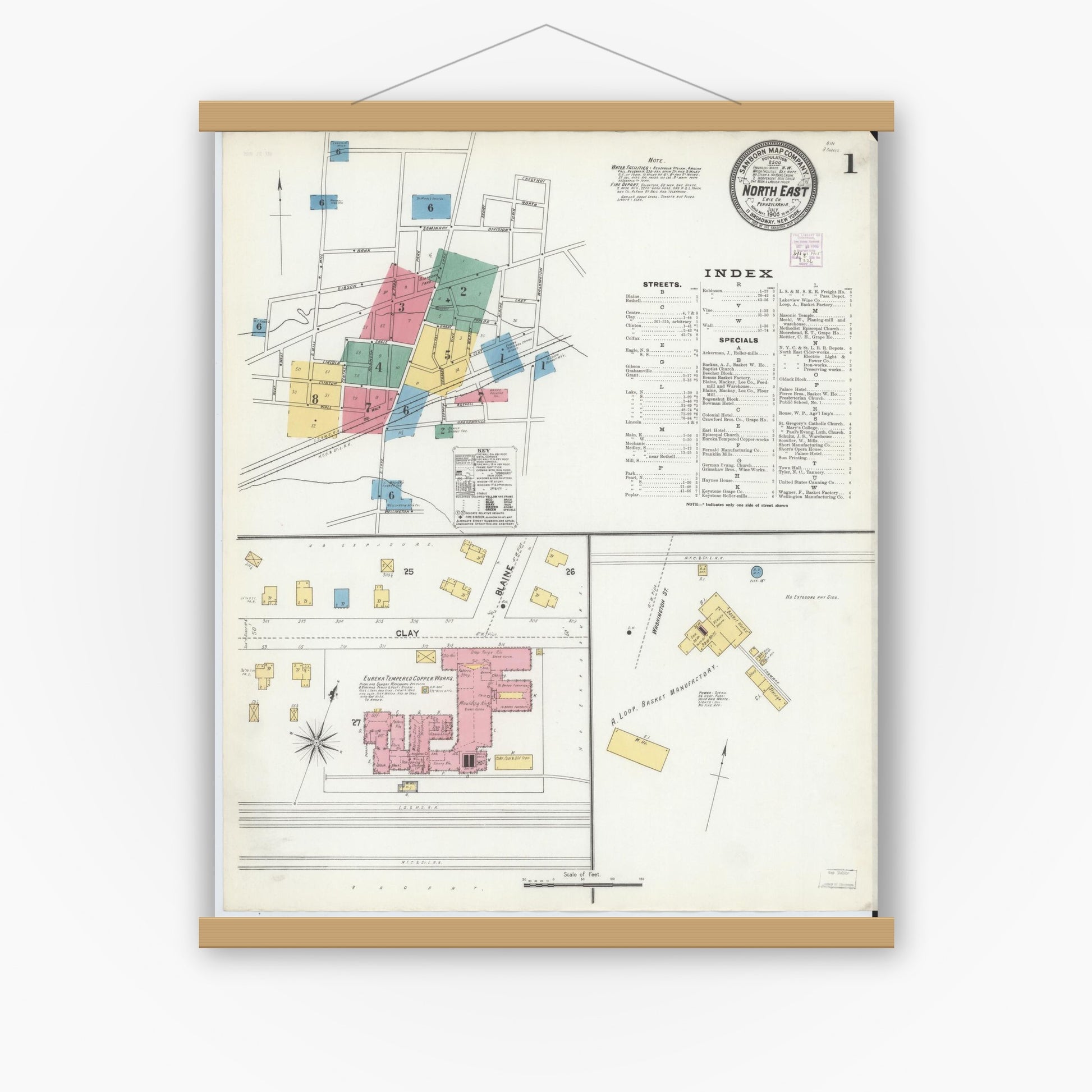 Old map wall art mockup — magnetic wood frame on white wall — Sanborn Fire Insurance Map from North East, Erie County, Pennsylvania (1905), Sheet #0001