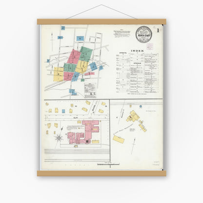 Old map wall art mockup — magnetic wood frame on white wall — Sanborn Fire Insurance Map from North East, Erie County, Pennsylvania (1905), Sheet #0001