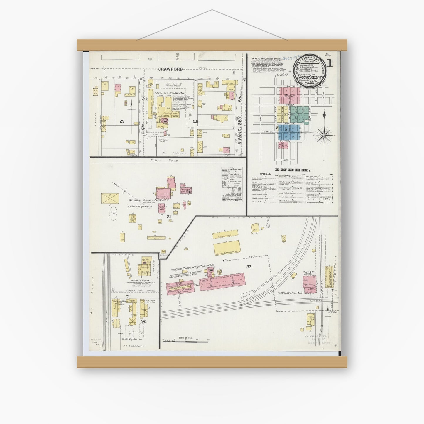 Old map wall art mockup — magnetic wood frame on white wall — Sanborn Fire Insurance Map from Upper Sandusky, Wyandot County, Ohio (1892), Sheet #0001