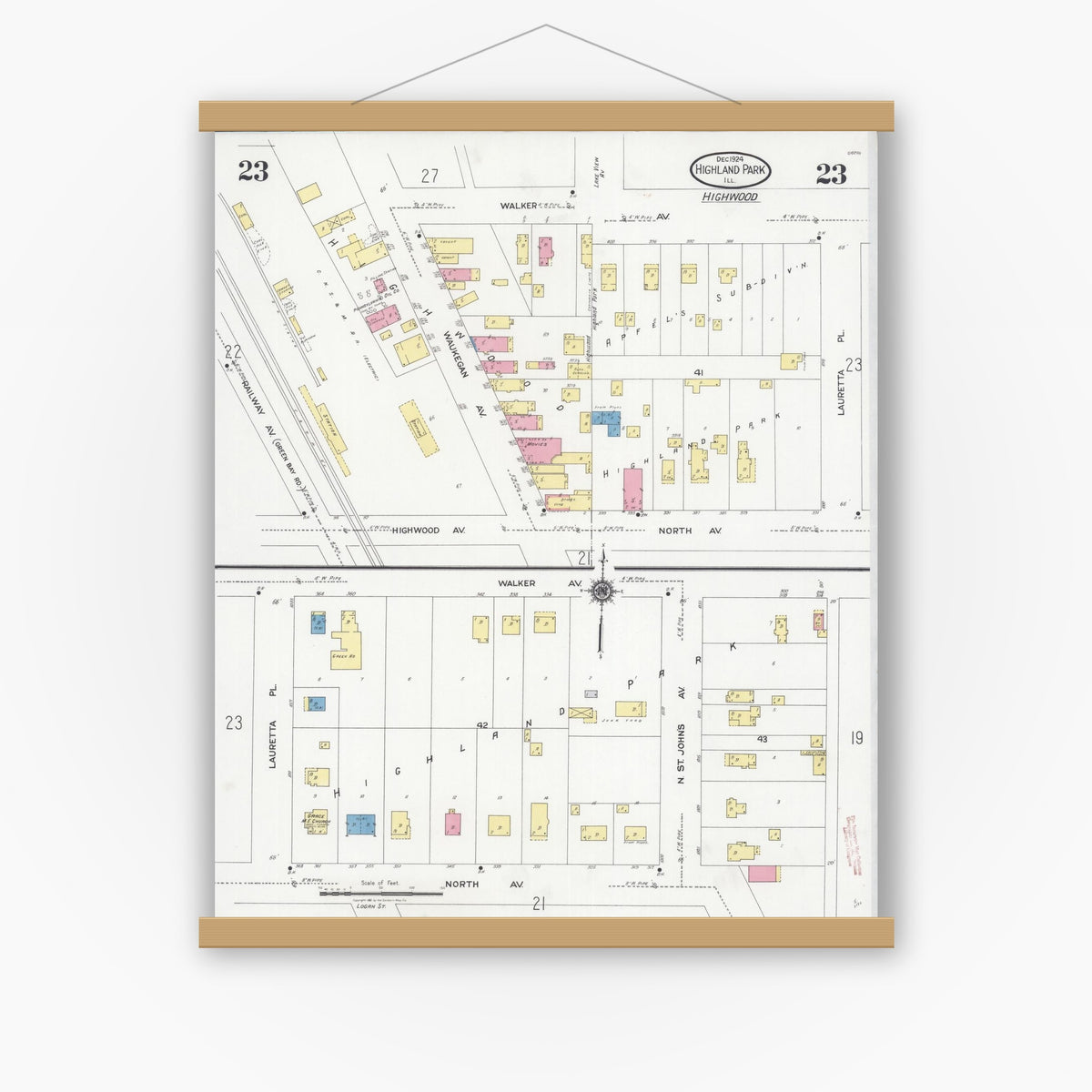 Old map wall art mockup — magnetic wood frame on white wall — Sanborn Fire Insurance Map from Highland Park, Lake County, Illinois (1924), Sheet #0023