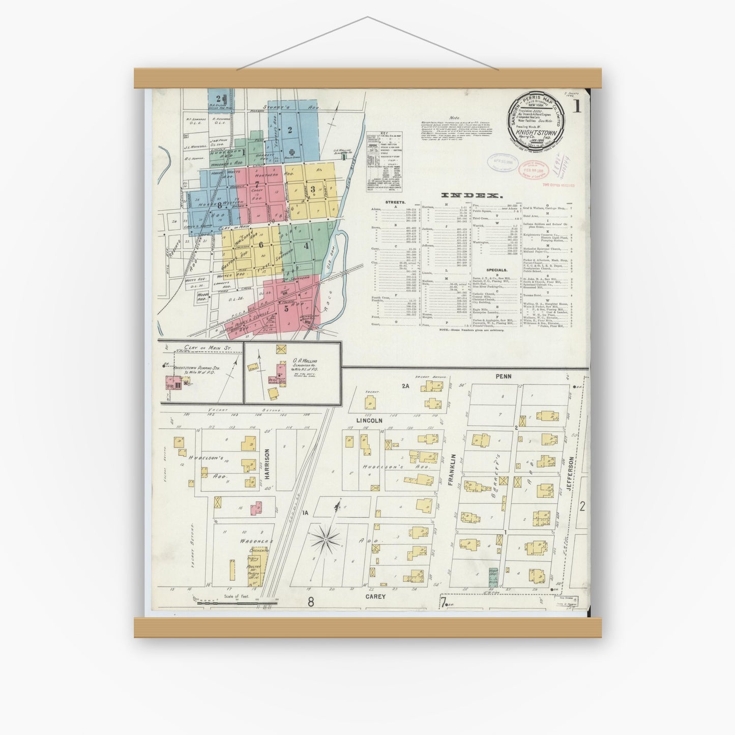 Old map wall art mockup — magnetic wood frame on white wall — Sanborn Fire Insurance Map from Knightstown, Henry County, Indiana (1898) - Complete Map Set