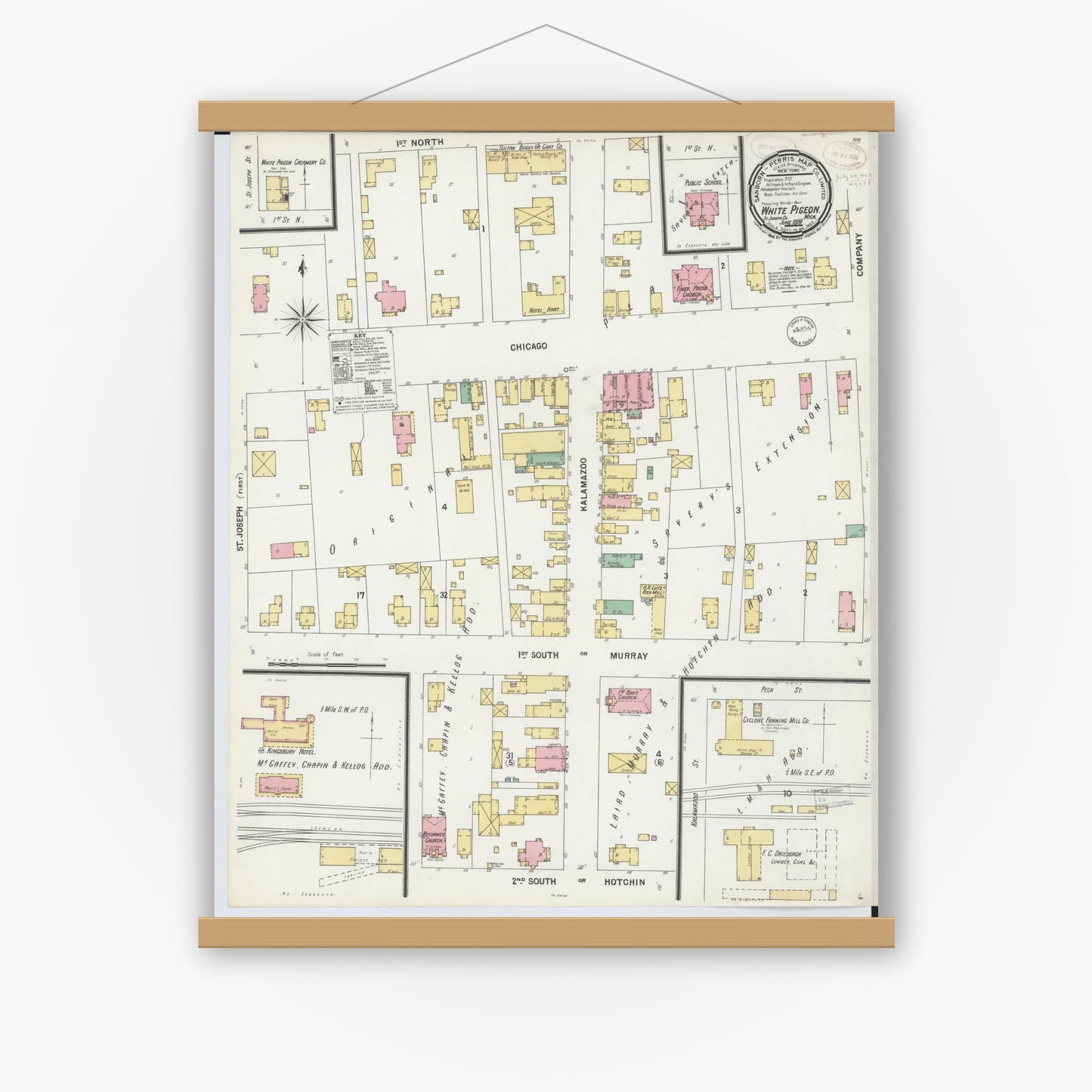 Old map wall art mockup — magnetic wood frame on white wall — Sanborn Fire Insurance Map from White Pigeon, Saint Joseph County, Michigan (1899), Sheet #0001