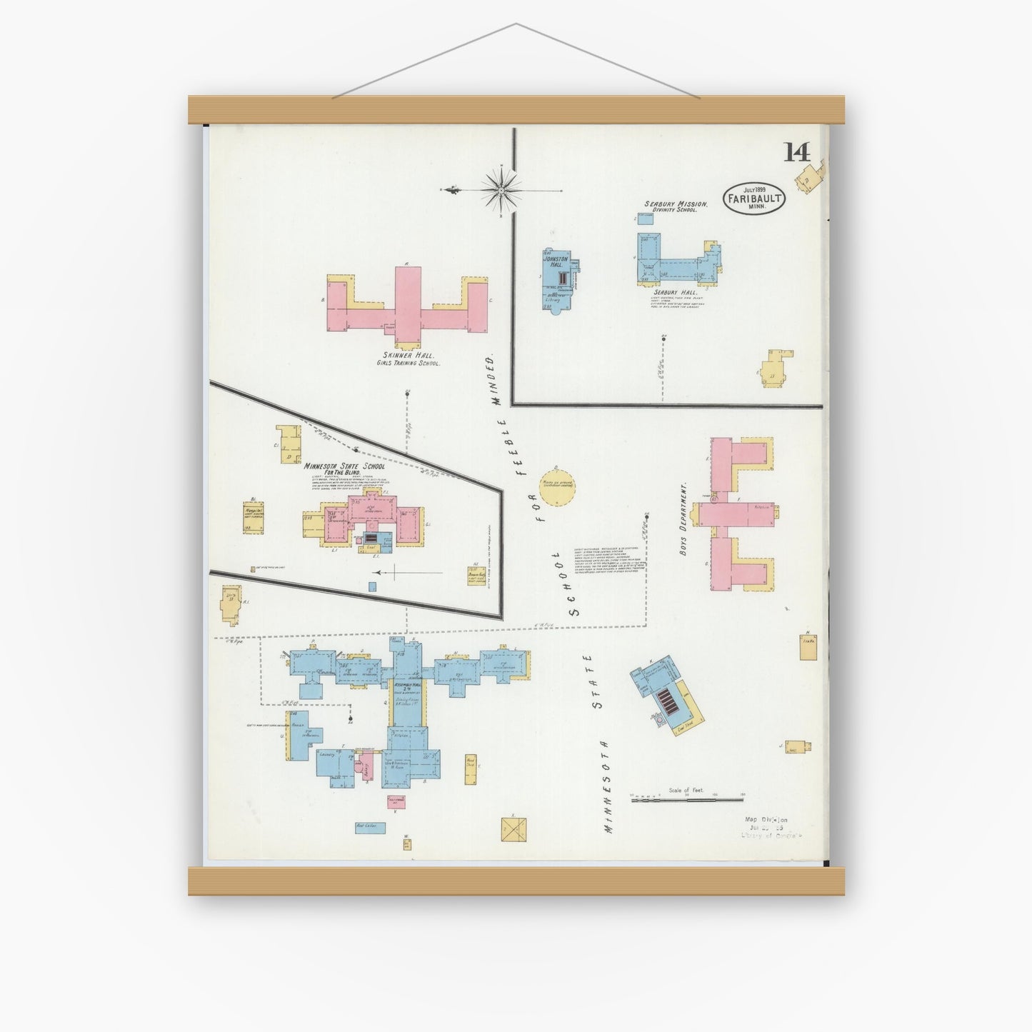 Old map wall art mockup — magnetic wood frame on white wall — Sanborn Fire Insurance Map from Faribault, Rice County, Minnesota (1899), Sheet #0014