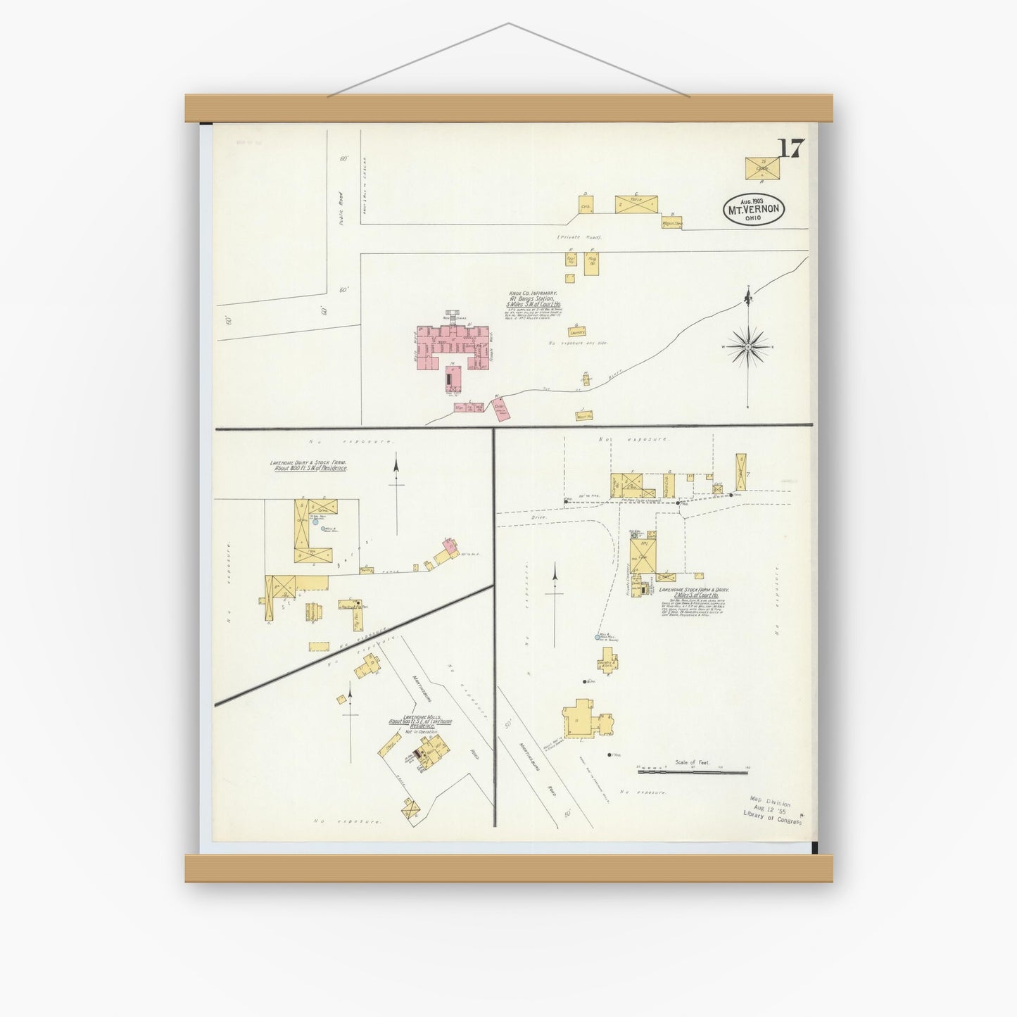 Old map wall art mockup — magnetic wood frame on white wall — Sanborn Fire Insurance Map from Mount Vernon, Knox County, Ohio (1903), Sheet #0017