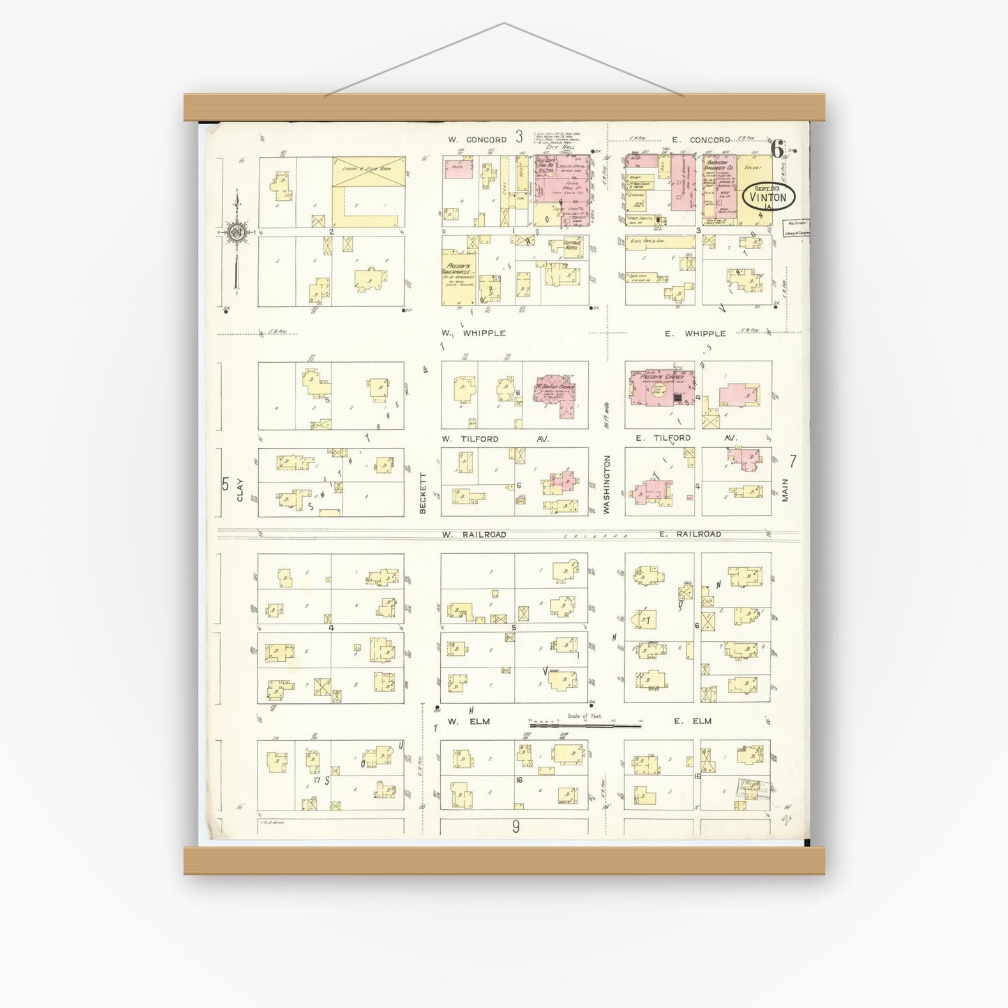 Old map wall art mockup — magnetic wood frame on white wall — Sanborn Fire Insurance Map from Vinton, Benton County, Iowa (1913), Sheet #0006