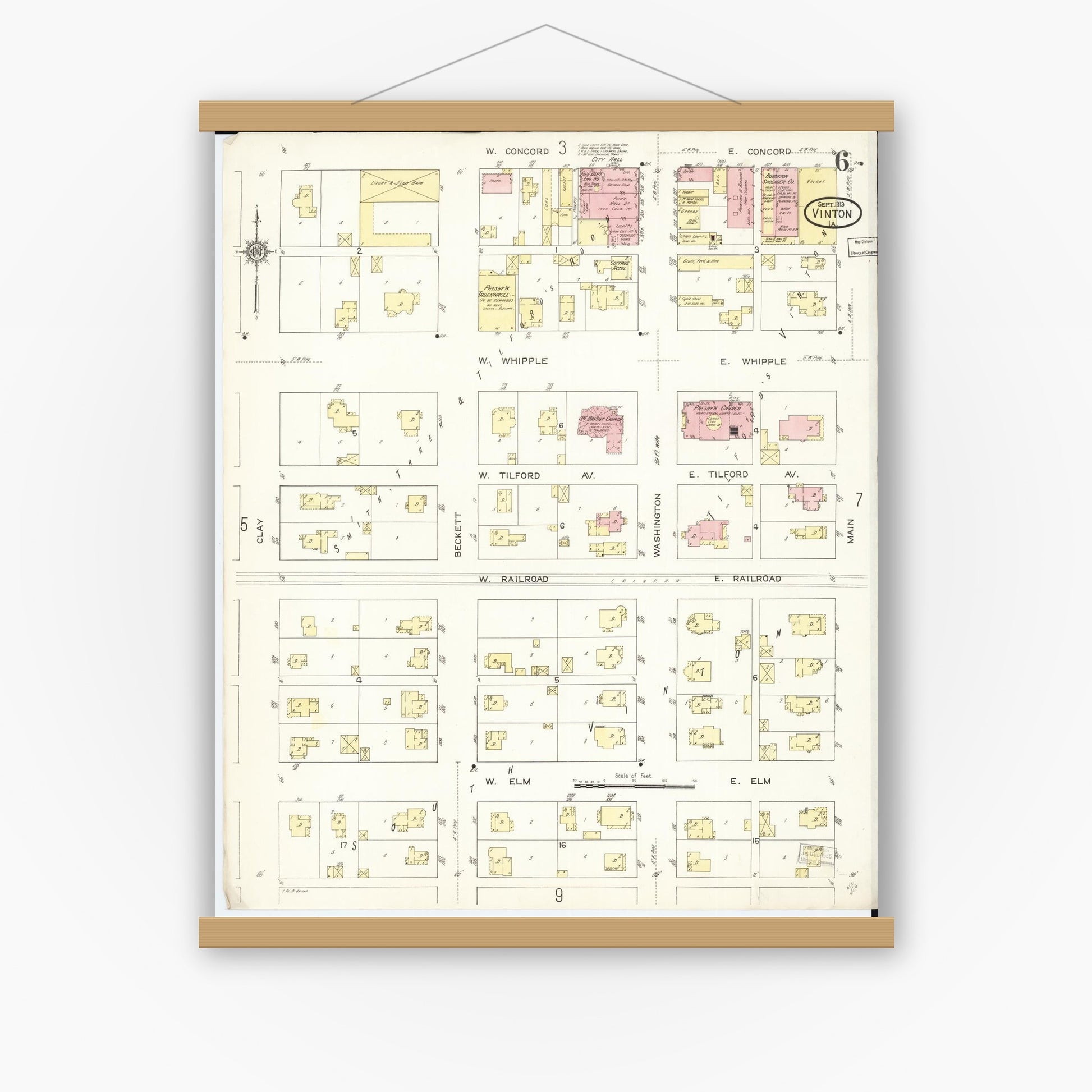 Old map wall art mockup — magnetic wood frame on white wall — Sanborn Fire Insurance Map from Vinton, Benton County, Iowa (1913), Sheet #0006