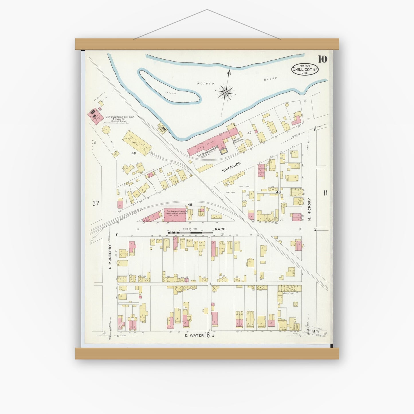 Old map wall art mockup — magnetic wood frame on white wall — Sanborn Fire Insurance Map from Chillicothe, Ross County, Ohio (1909), Sheet #0010