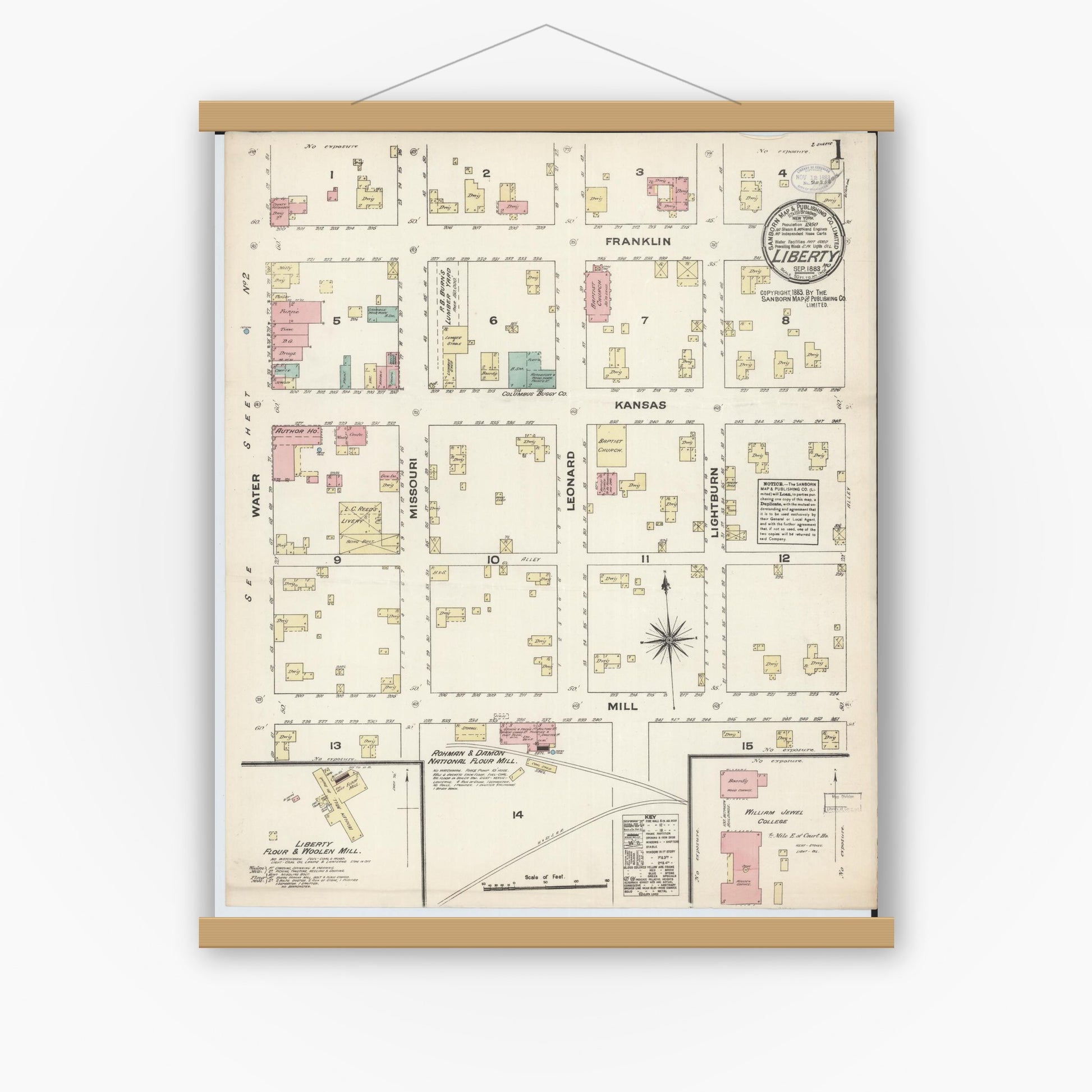 Old map wall art mockup — magnetic wood frame on white wall — Sanborn Fire Insurance Map from Liberty, Clay County, Missouri (1883) - Complete Map Set