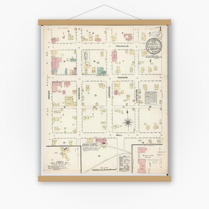 Old map wall art mockup — magnetic wood frame on white wall — Sanborn Fire Insurance Map from Liberty, Clay County, Missouri (1883) - Complete Map Set