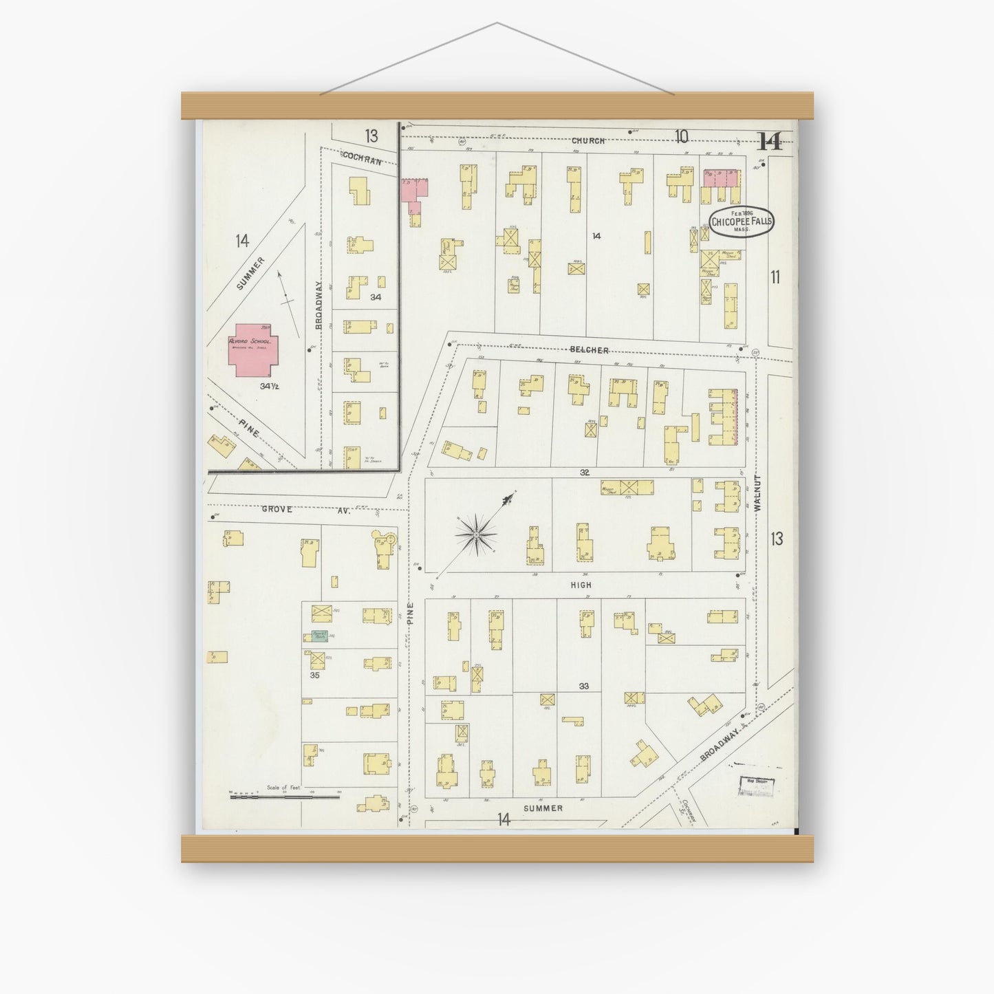 Old map wall art mockup — magnetic wood frame on white wall — Sanborn Fire Insurance Map from Chicopee, Hampden County, Massachusetts (1896), Sheet #0014
