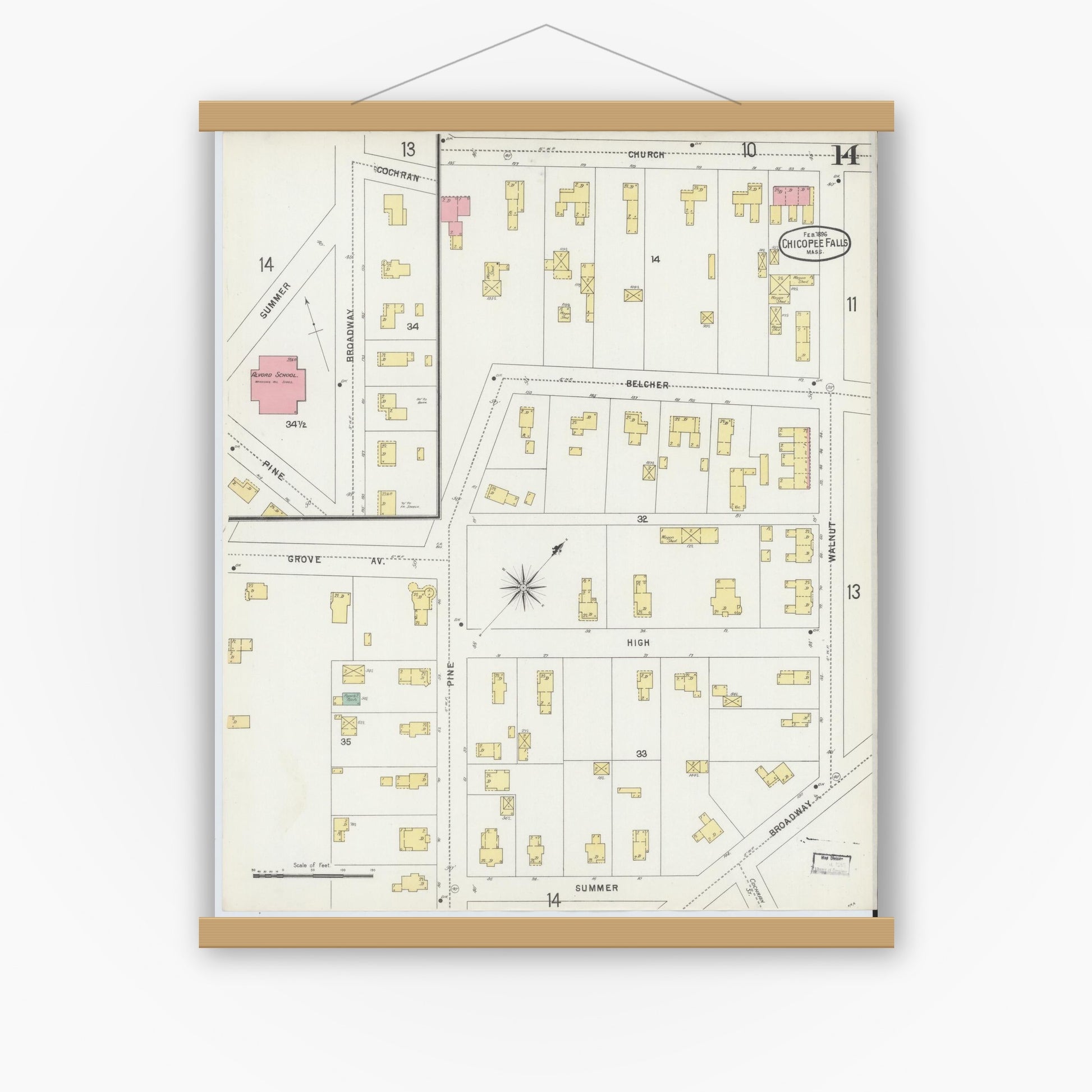 Old map wall art mockup — magnetic wood frame on white wall — Sanborn Fire Insurance Map from Chicopee, Hampden County, Massachusetts (1896), Sheet #0014