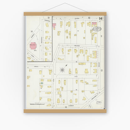 Old map wall art mockup — magnetic wood frame on white wall — Sanborn Fire Insurance Map from Chicopee, Hampden County, Massachusetts (1896), Sheet #0014