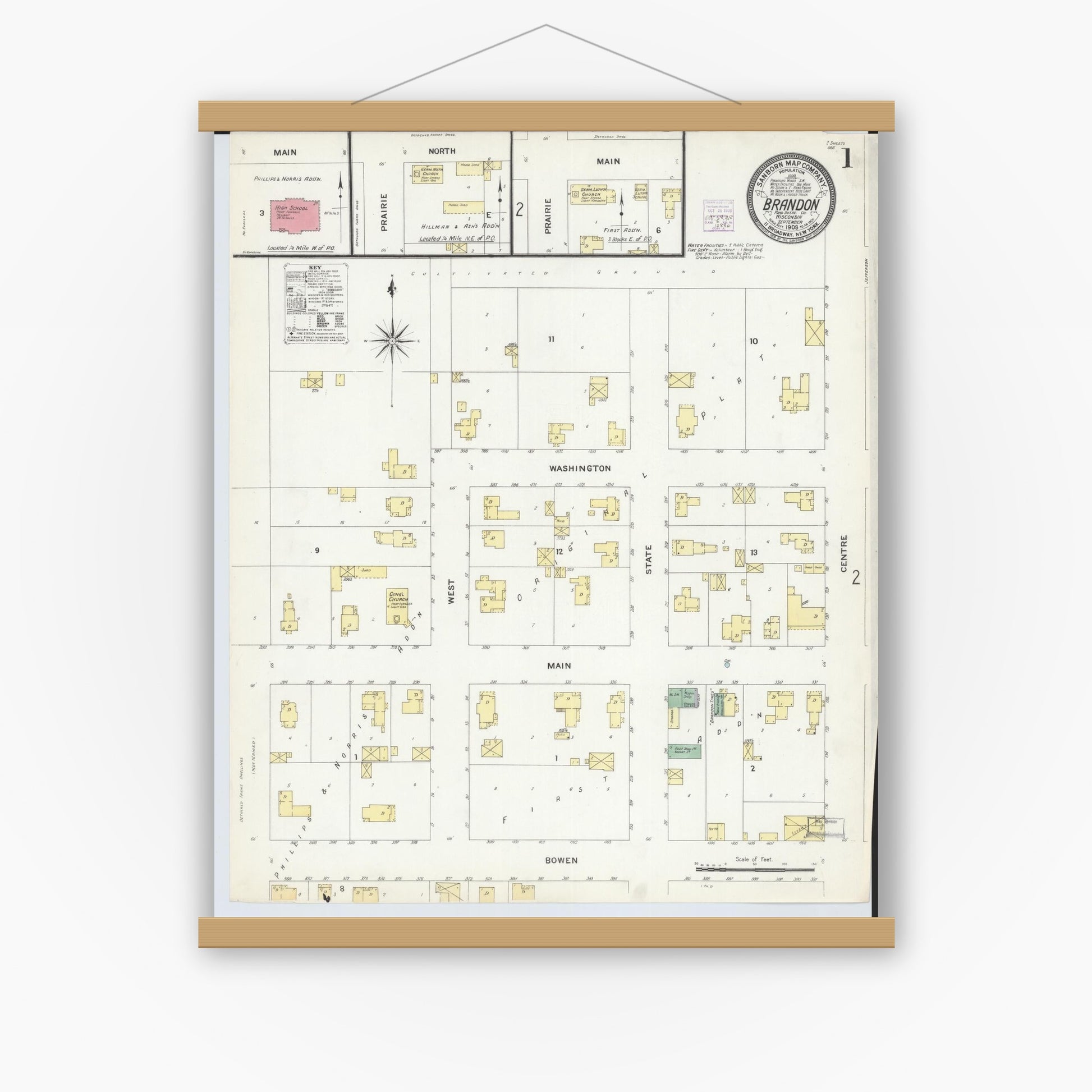 Old map wall art mockup — magnetic wood frame on white wall — Sanborn Fire Insurance Map from Brandon, Fond du Lac County, Wisconsin (1908) - Complete Map Set