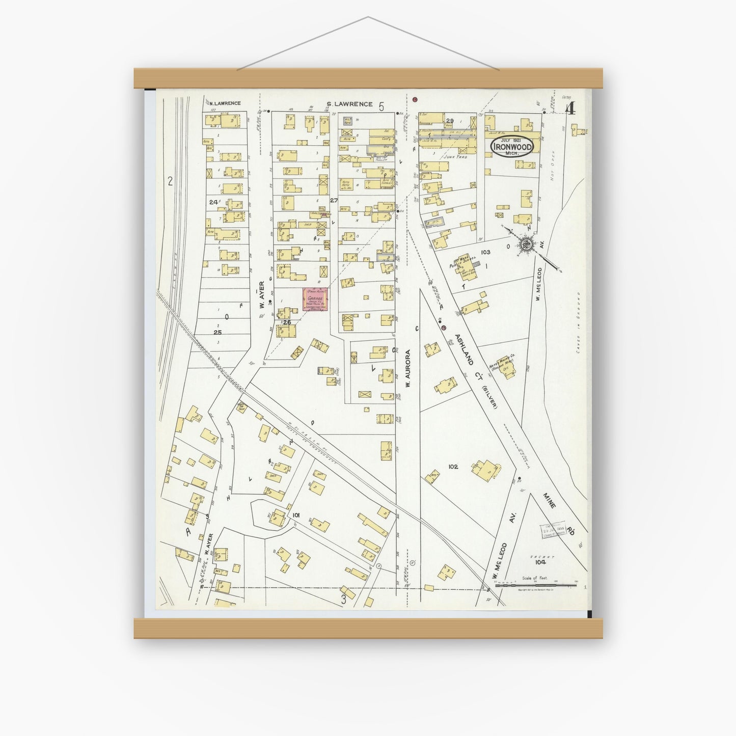 Old map wall art mockup — magnetic wood frame on white wall — Sanborn Fire Insurance Map from Ironwood, Gogebic County, Michigan (1921), Sheet #0004